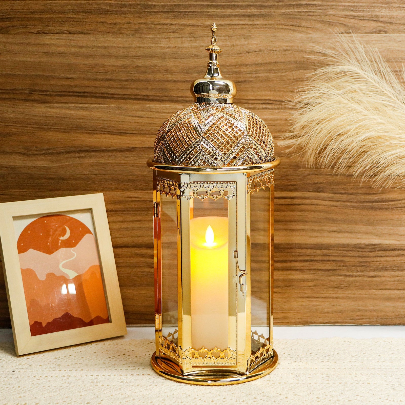Moroccan Candle Lantern 37cm High Gold Candle Holder with Tempered Glass （40pcs）