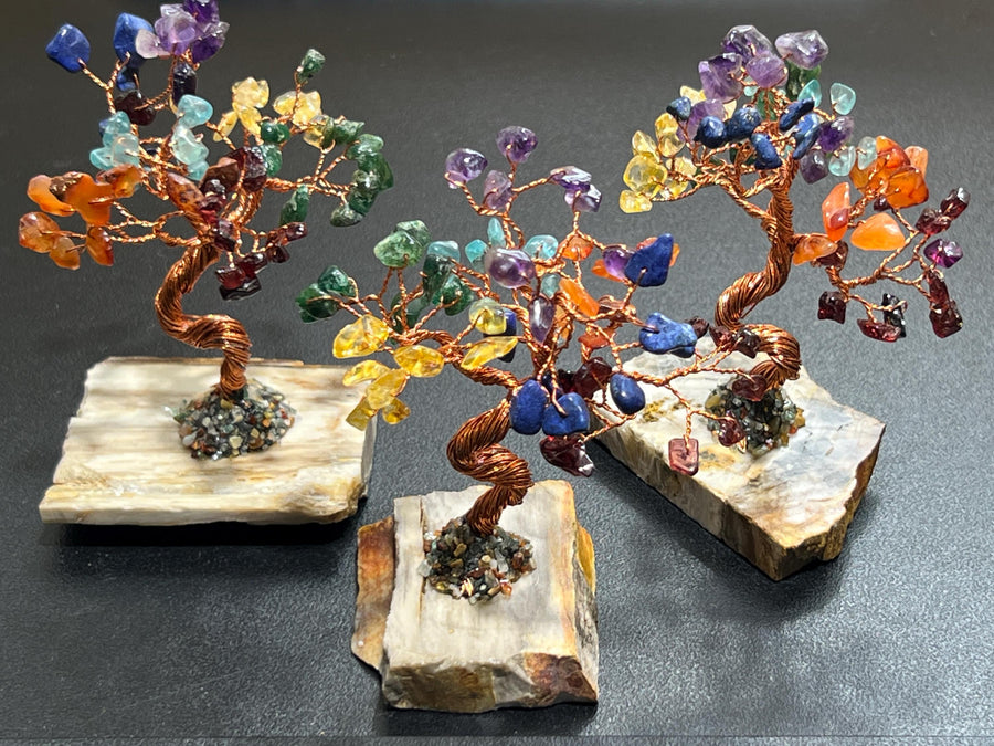 Gemstone Crystal Bonsai Tree (7-Stones)(Petrified Wood Base Carving) Wholesale