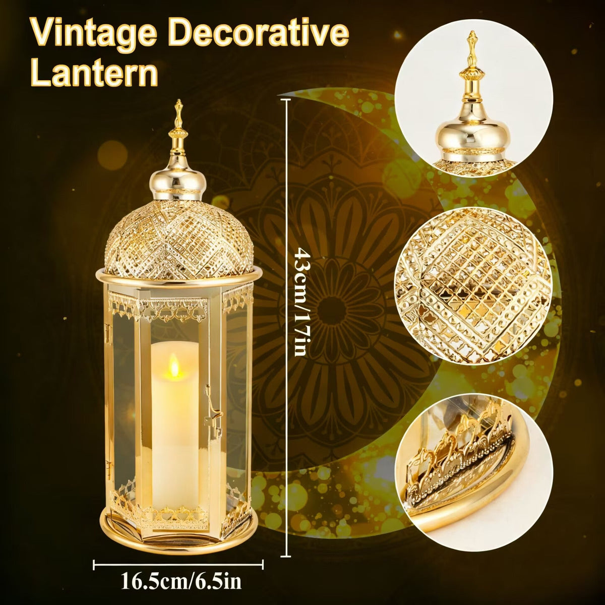 Moroccan Candle Lantern 17'' Gold Hexagonal Candle Holder