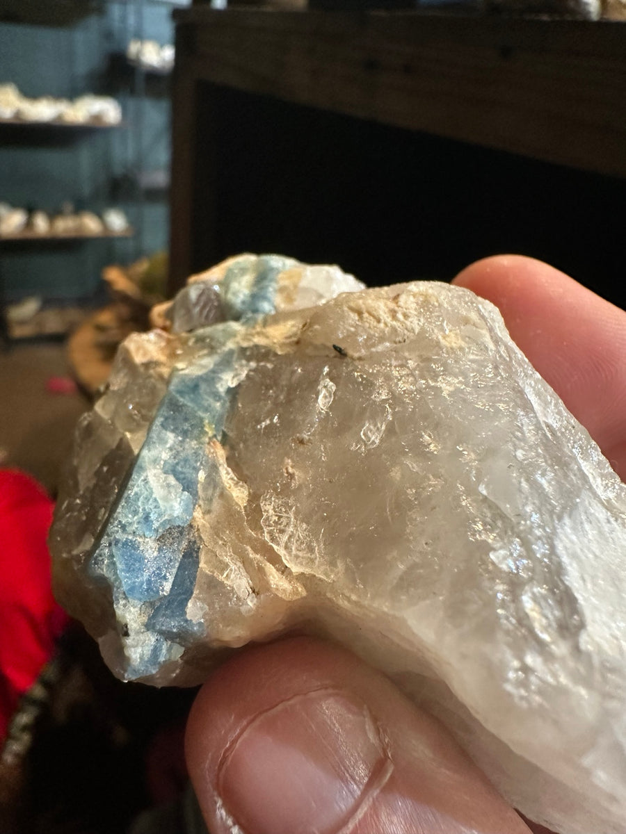 Probable aquamarine beryl in quartz feldspar pegmatite mineral specimen, 8.8 oz