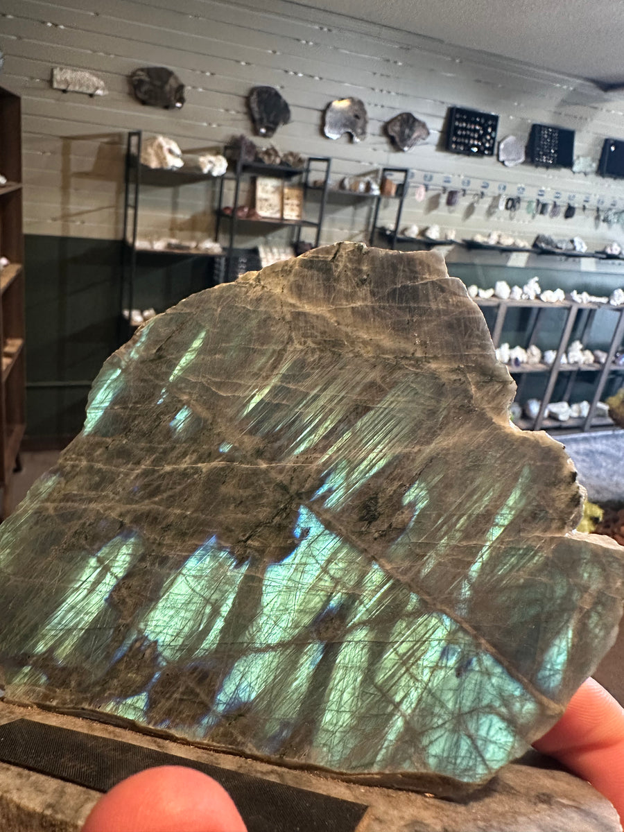 14 oz Canadian Labradorite Slab with Blue-Green Flash and Display Stand — image 1