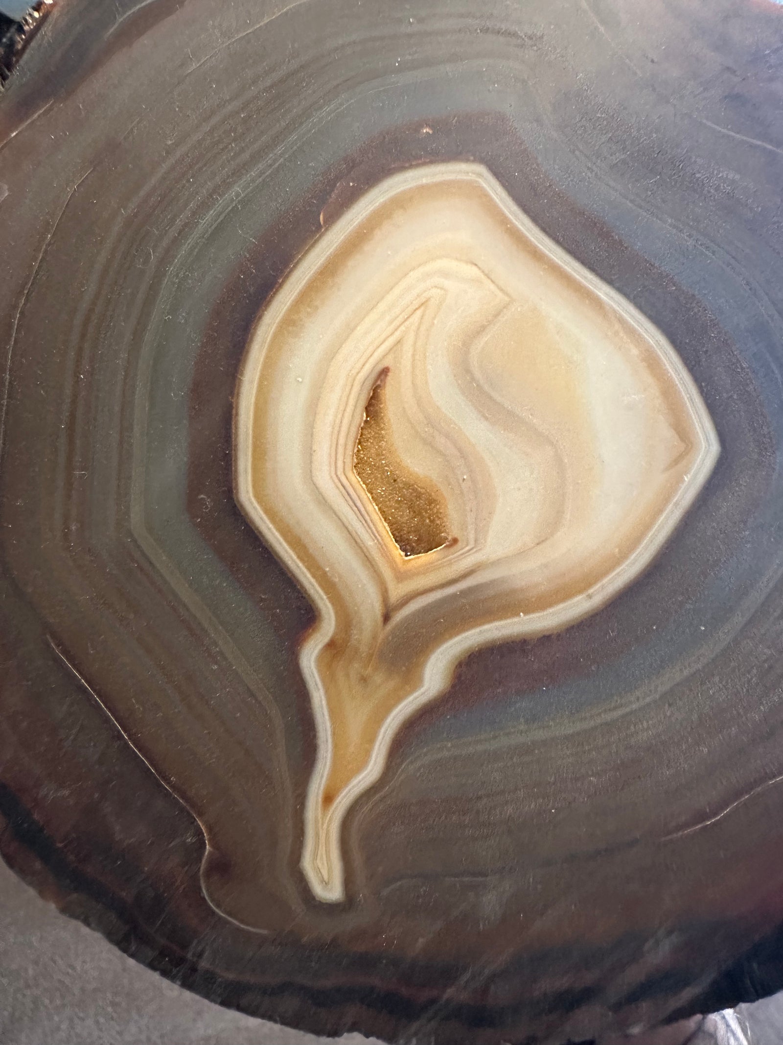 76.1 oz Polished Agate Slice with Golden Druzy Quartz — image 2