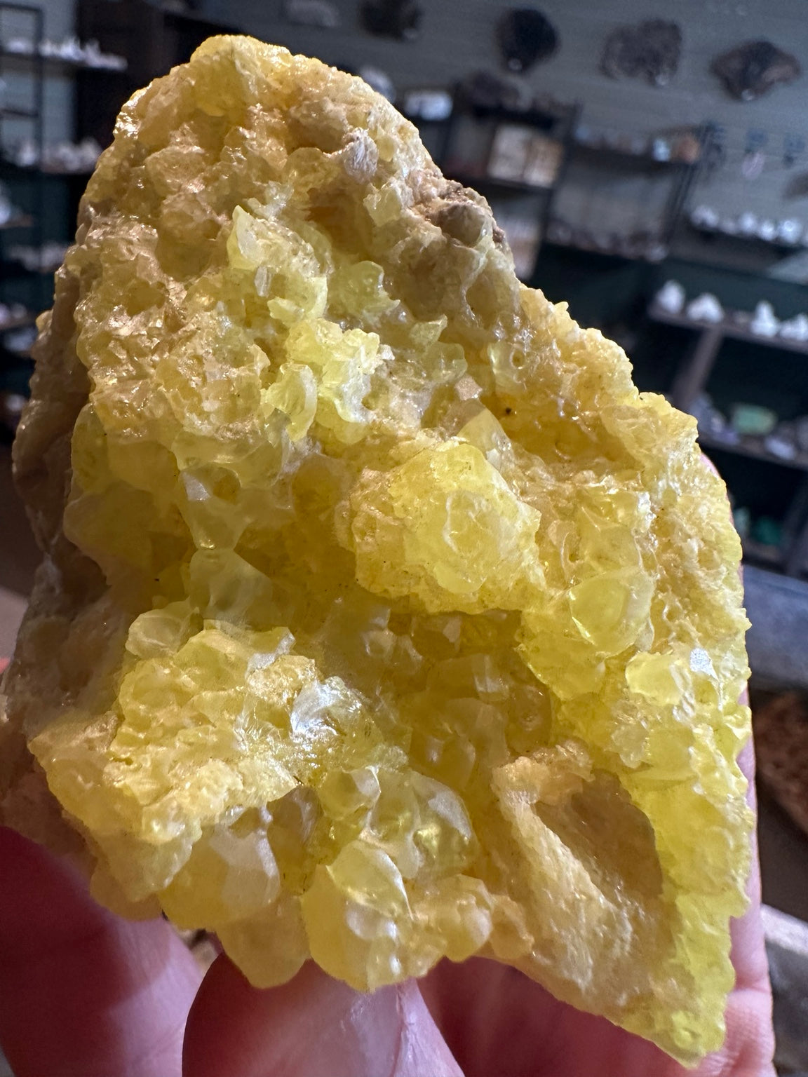 Native sulfur crystal cluster side view