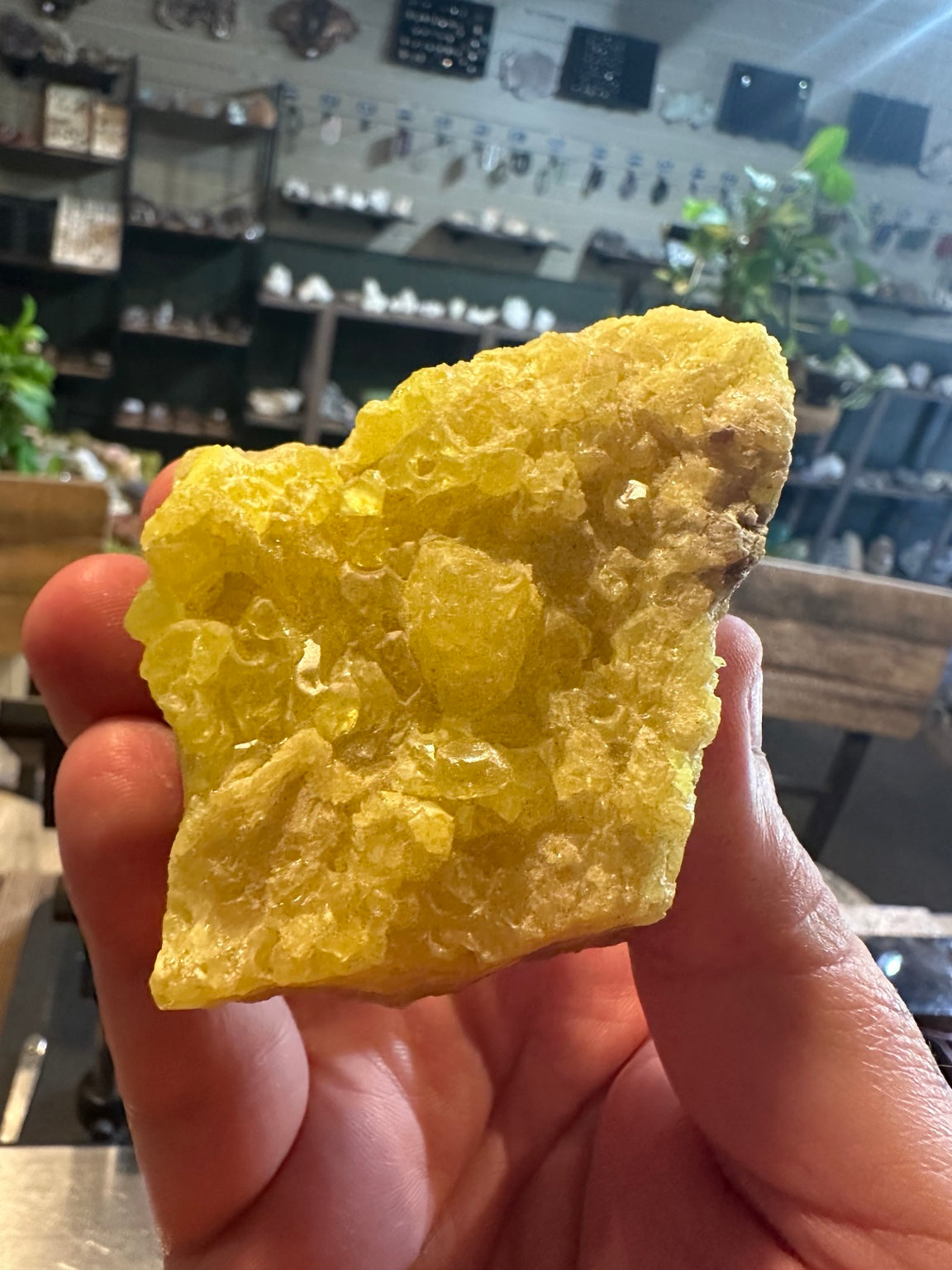 Native sulfur crystal cluster on matrix, front view