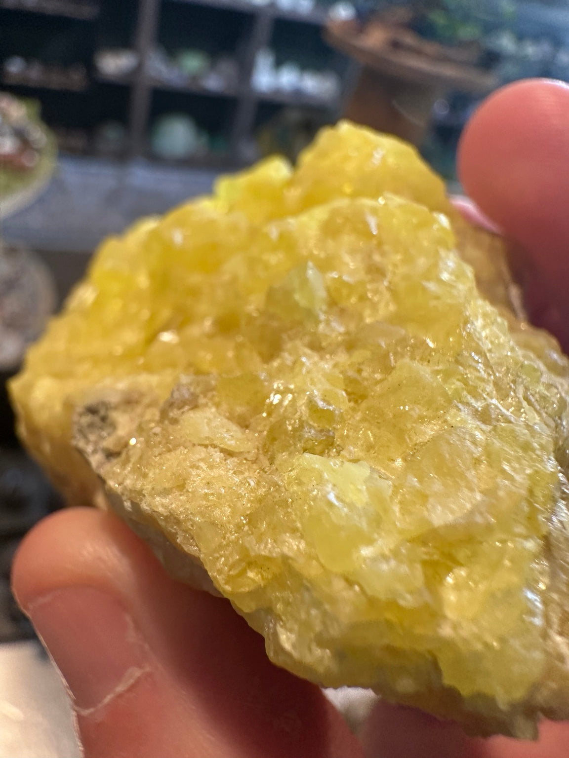 Native sulfur crystal cluster on matrix, front detail