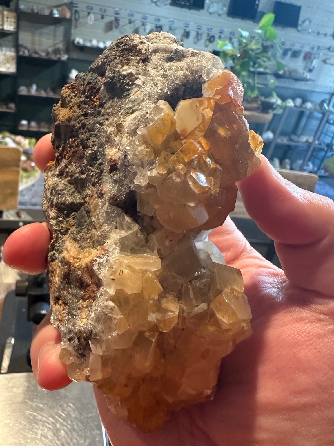 Honey calcite crystal cluster, alternate front view