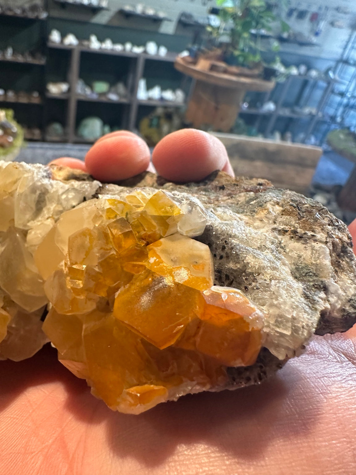 Honey calcite crystal cluster, side detail