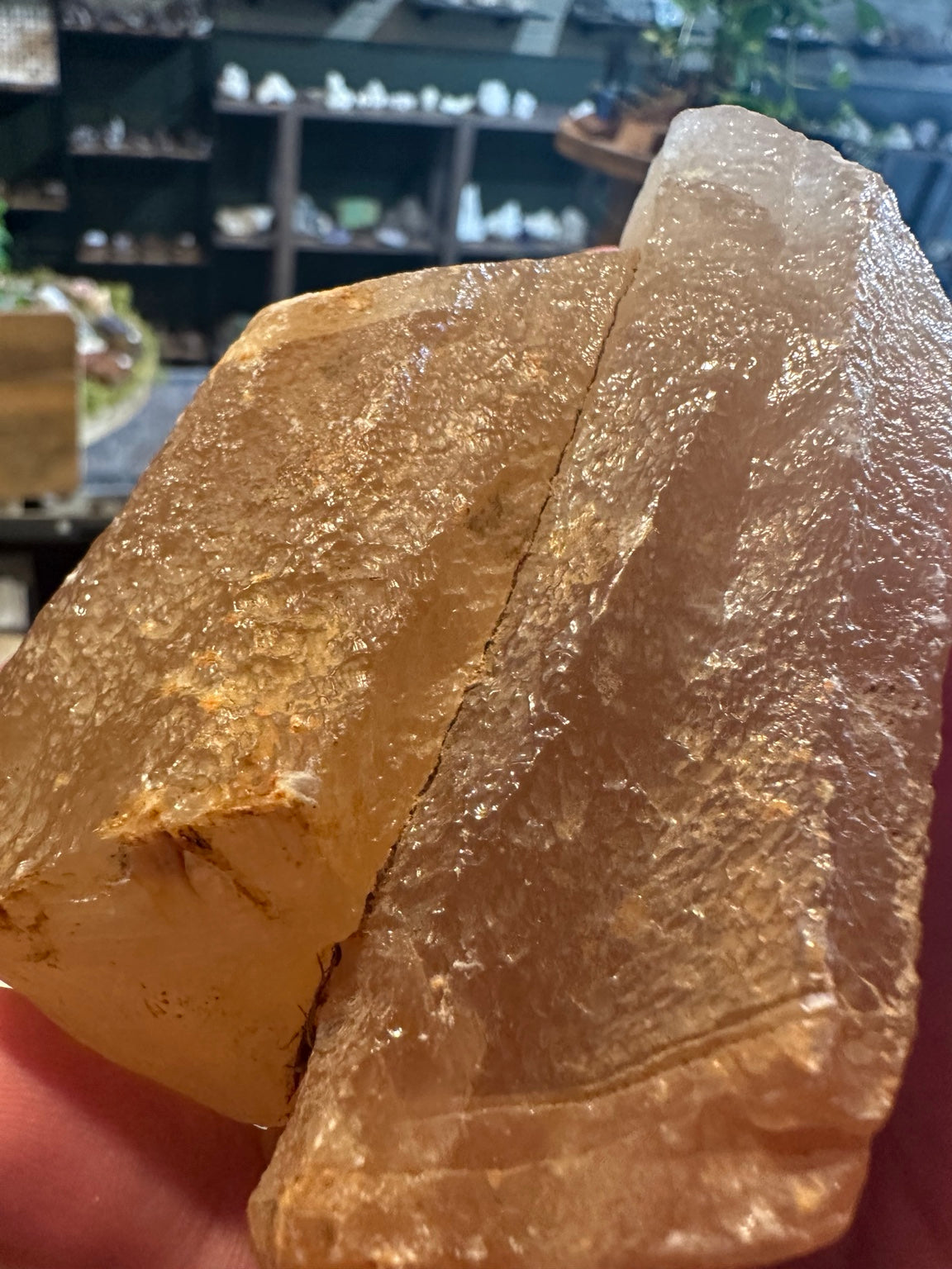 Fluorescent honey calcite specimen from Utah, front view