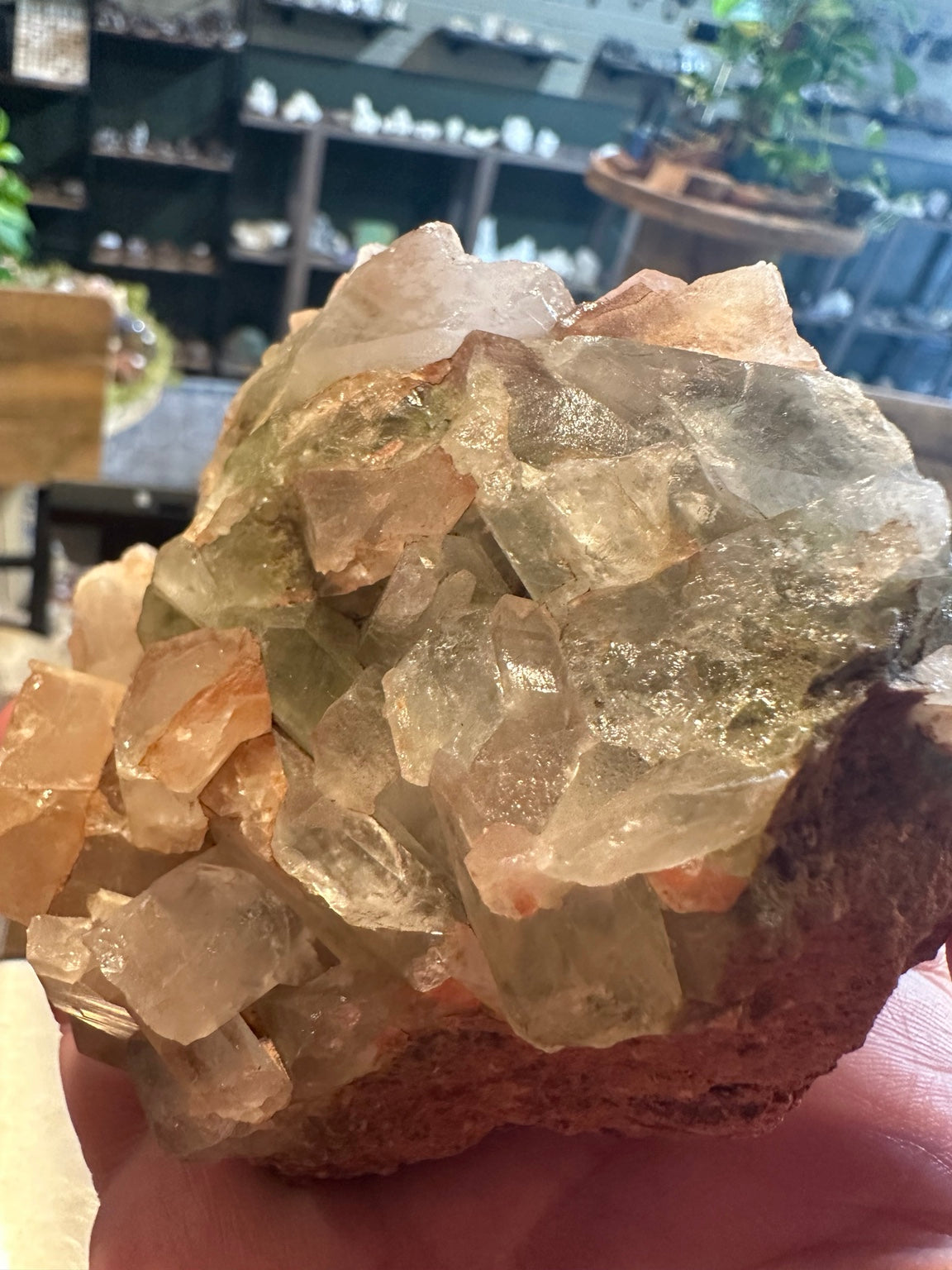 Green fluorite with calcite cluster from Mexico — crystal detail