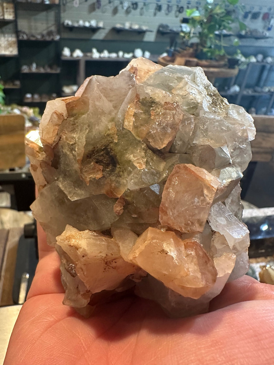 Green fluorite with calcite cluster from Mexico — reverse display face