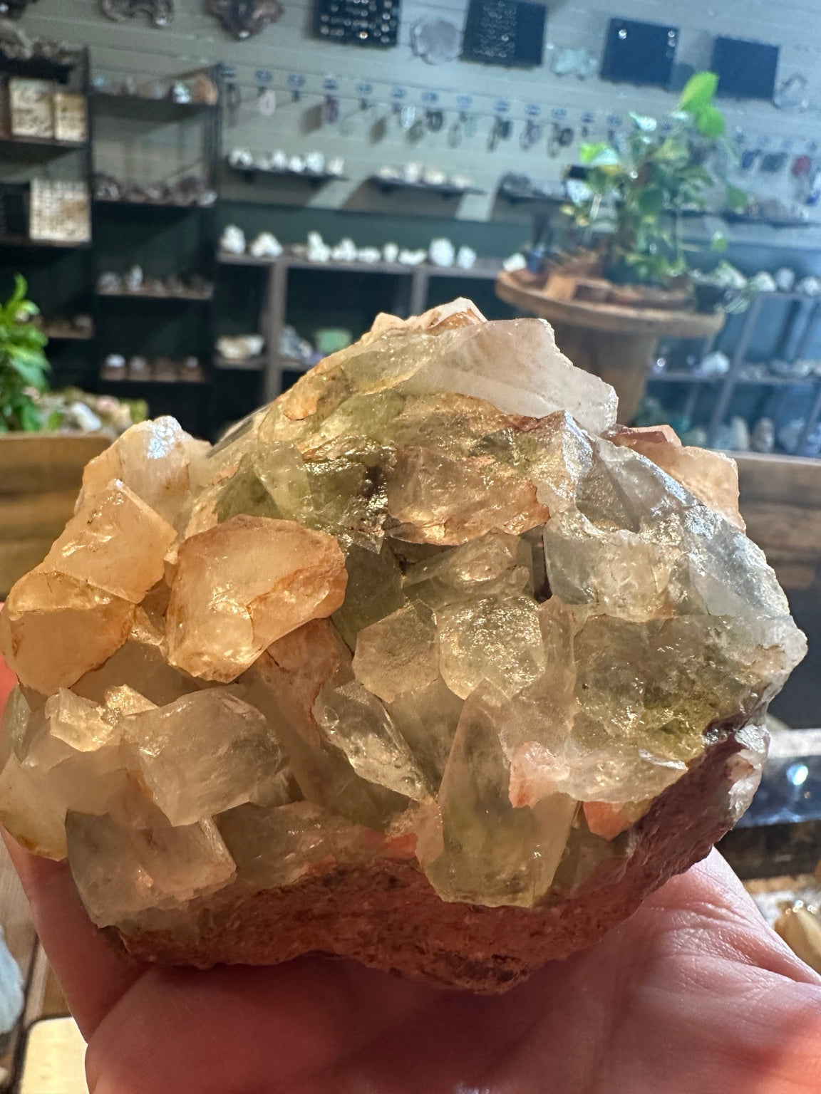 Green fluorite with calcite cluster from Mexico, 25.3 oz — front view