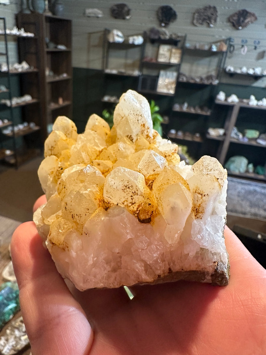 Honey-yellow calcite crystal cluster on matrix, 13.1 oz — view 1