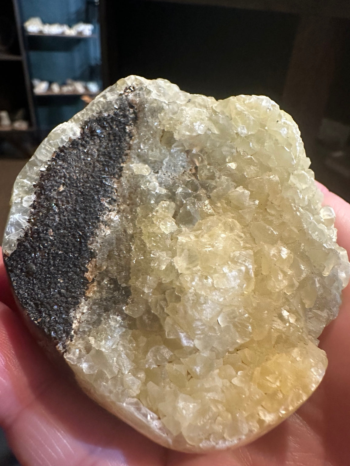 Polished Madagascar septarian nodule with druzy calcite crystal pocket, 320 g — view 2