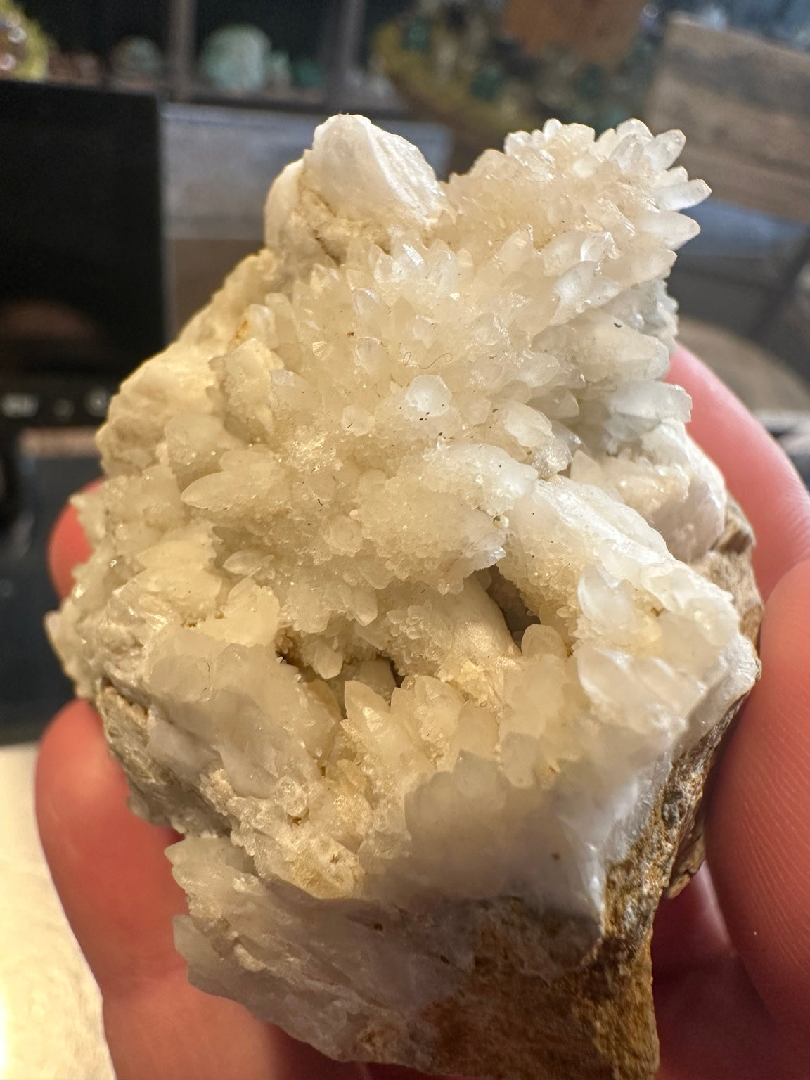 Close-up of white druzy crystals and bladed calcite-like crystals on Comstock Nevada specimen