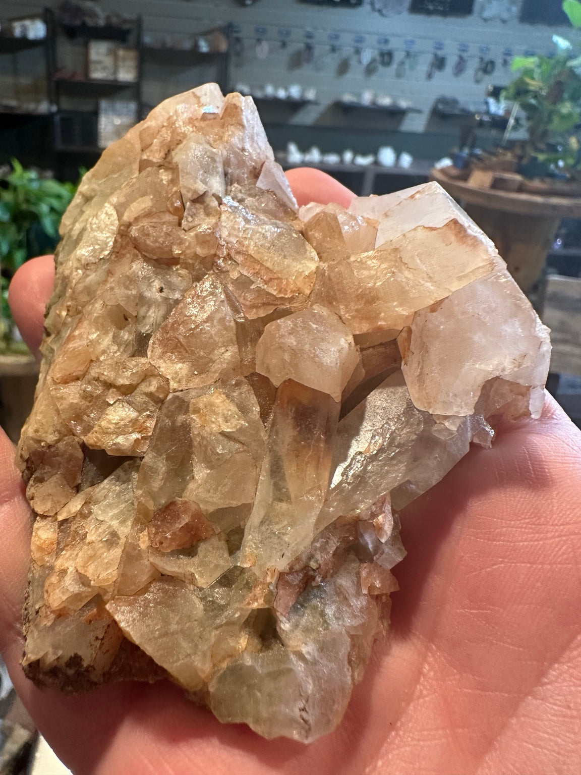 Close-up of intergrown pale peach and greenish gray translucent crystal formations