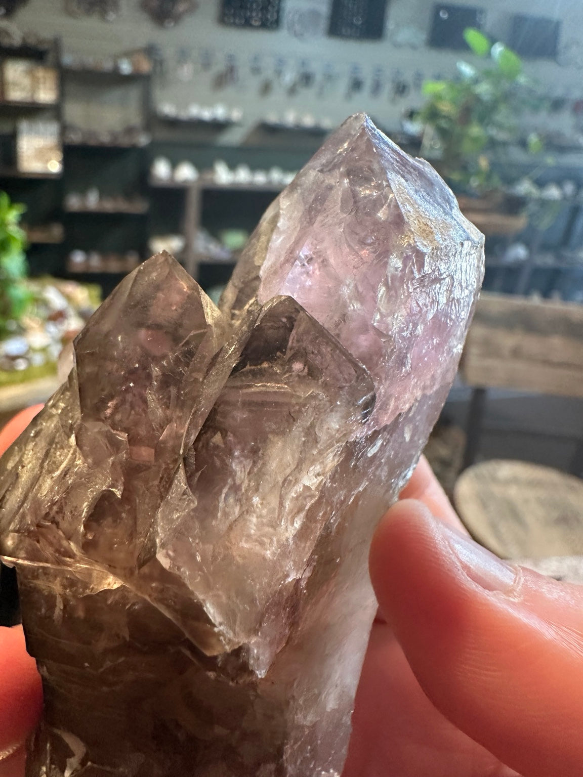 Lavender amethyst quartz tip and intergrown smoky quartz crystals from different angle