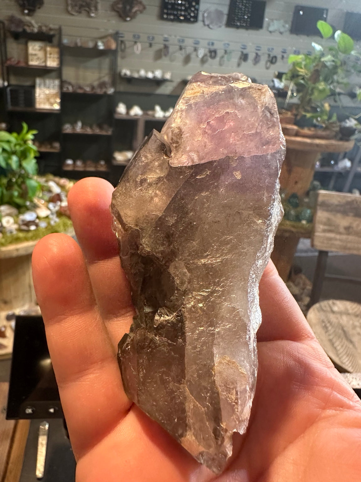 Alternate side view of amethyst purple and smoky terminated quartz cluster