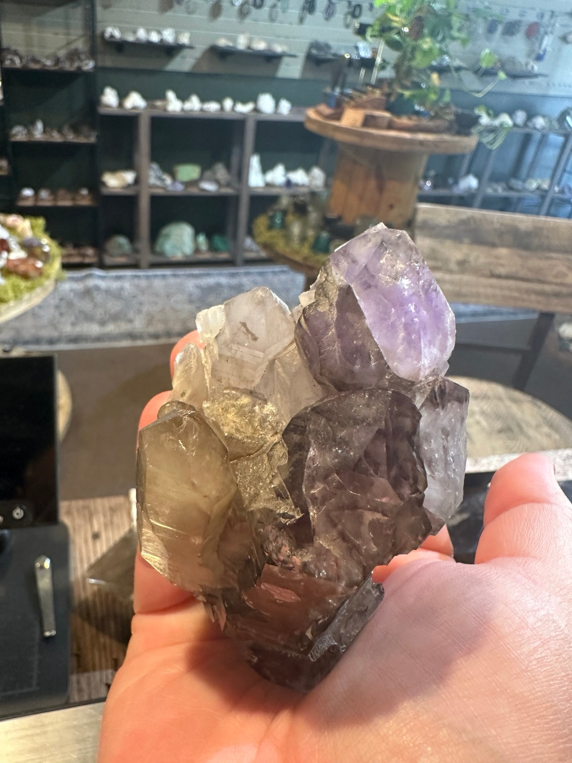 Clear and smoky quartz cluster side profile and crystal growth lines