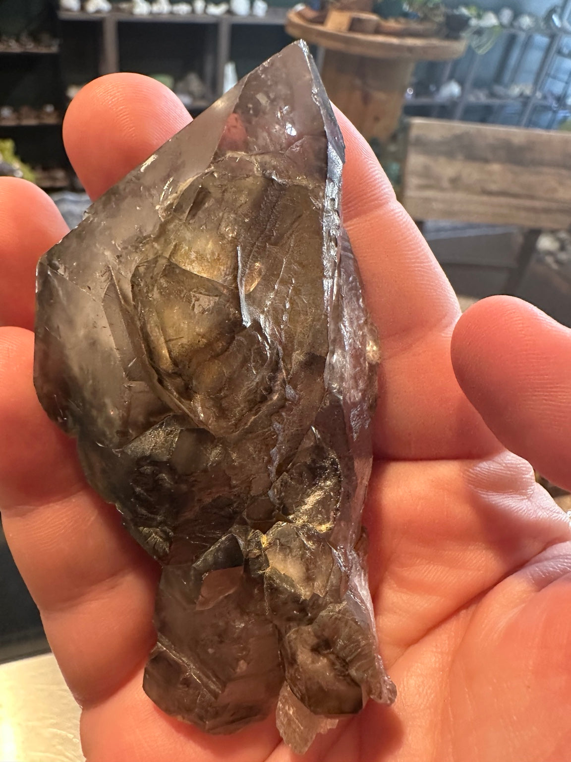 Close-up of Brazilian smoky quartz main termination showing stepped crystalline terraces