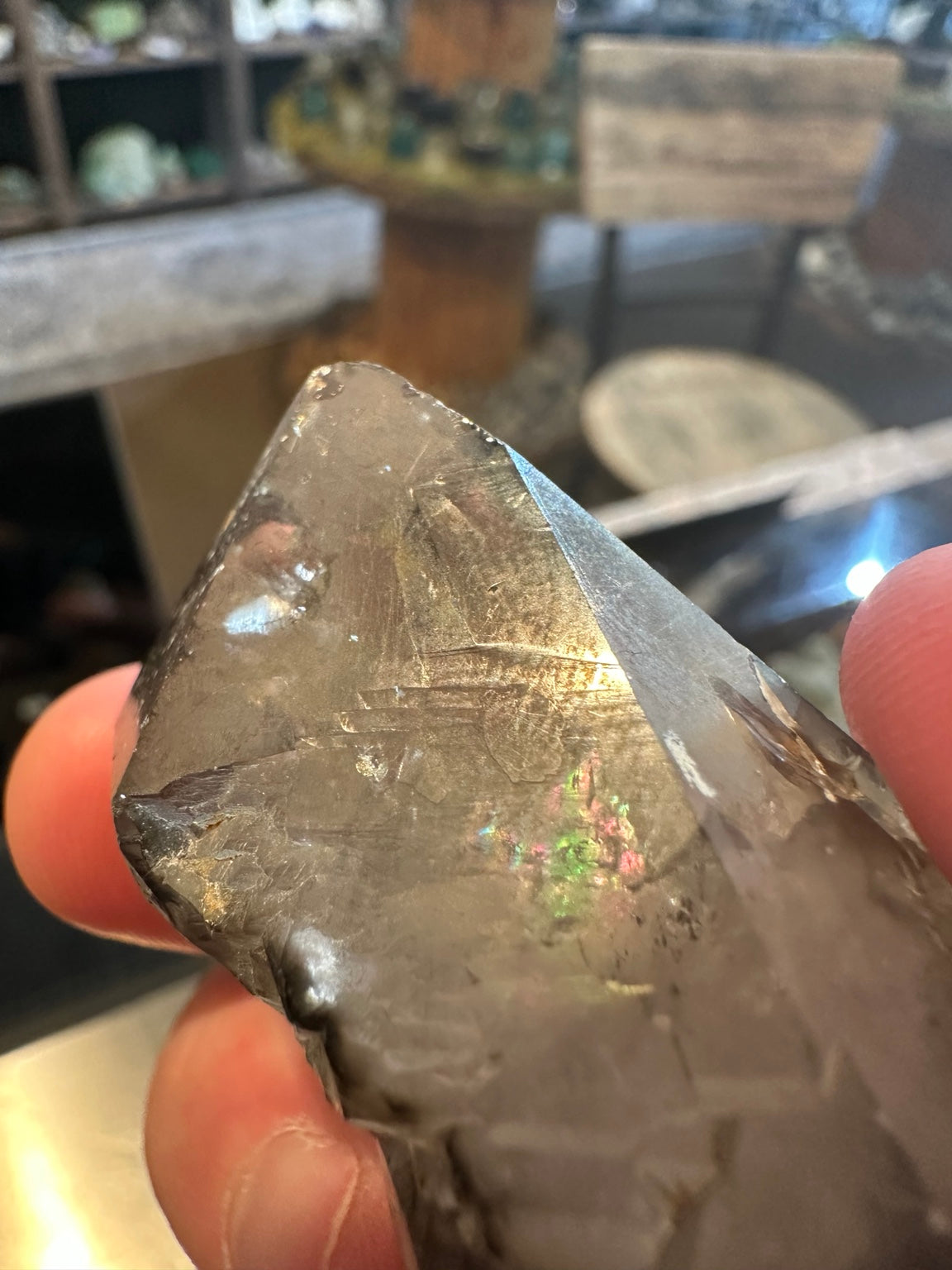 Side angle of complex layered skeletal smoky quartz formations