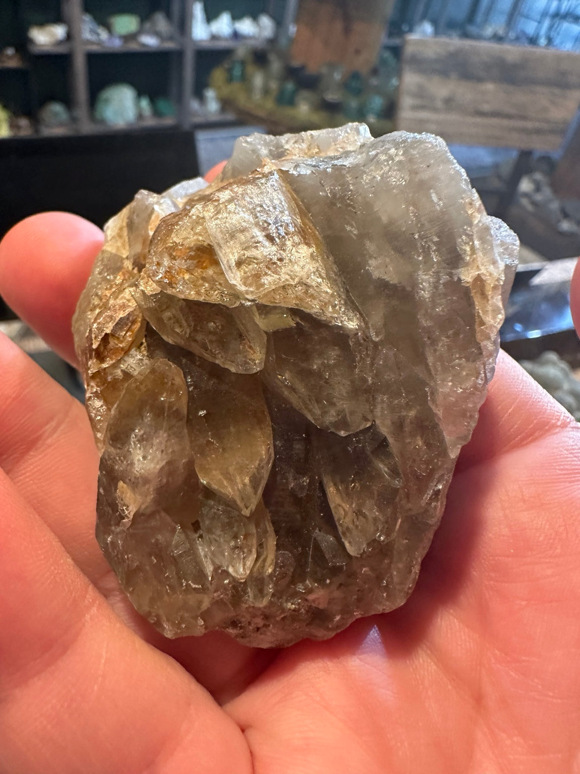 9.5 ounce Western USA healed-style smoky quartz cluster in hand, showing pale smoky to clear translucent intergrown crystals
