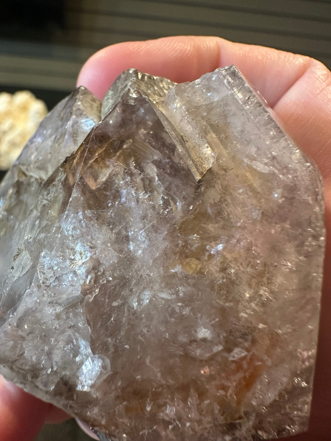 Reverse view of healed-style smoky quartz with natural crystal intergrowth and warm mineral staining