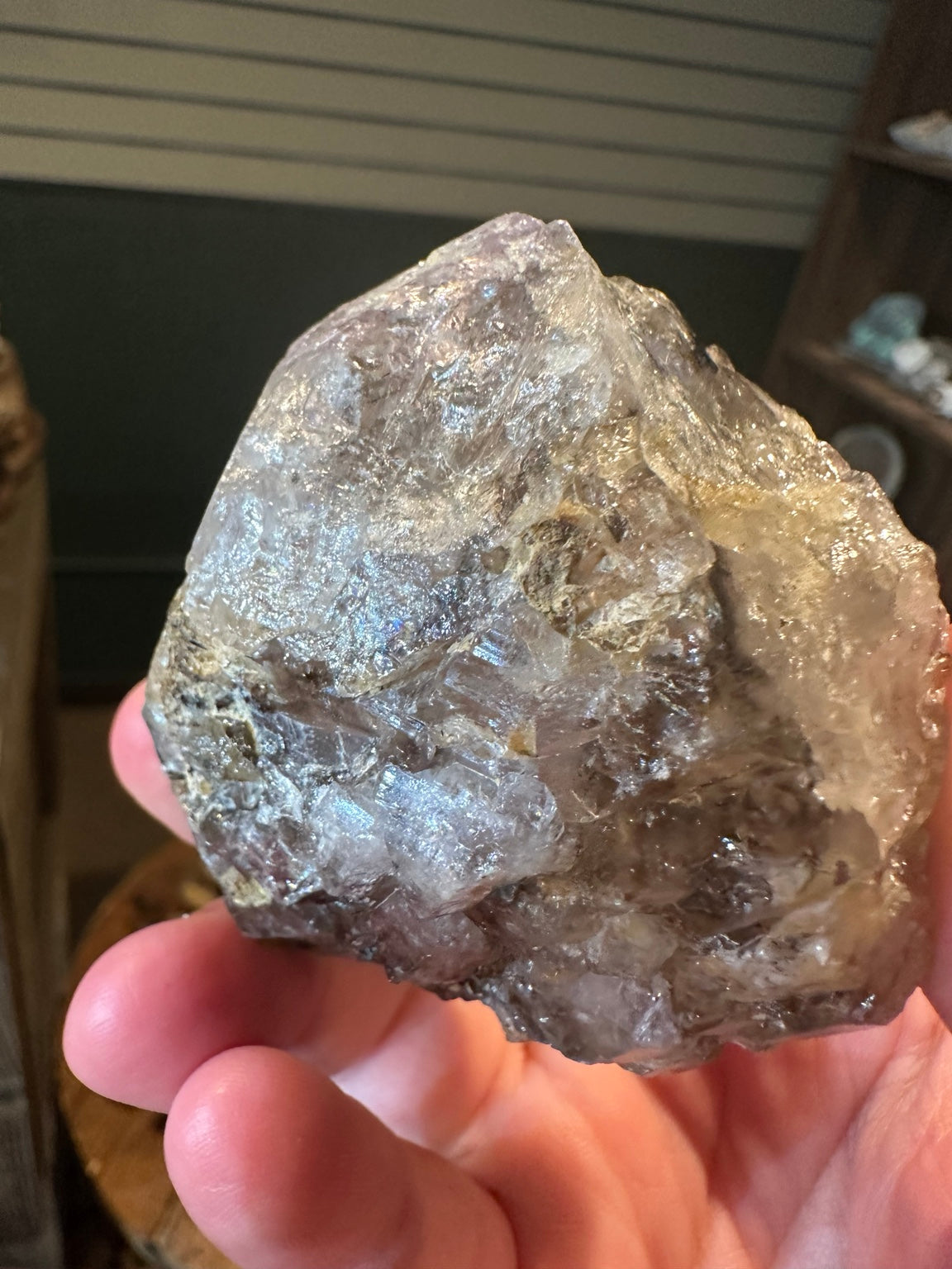 Close detail of layered crystal faces on healed-style quartz specimen
