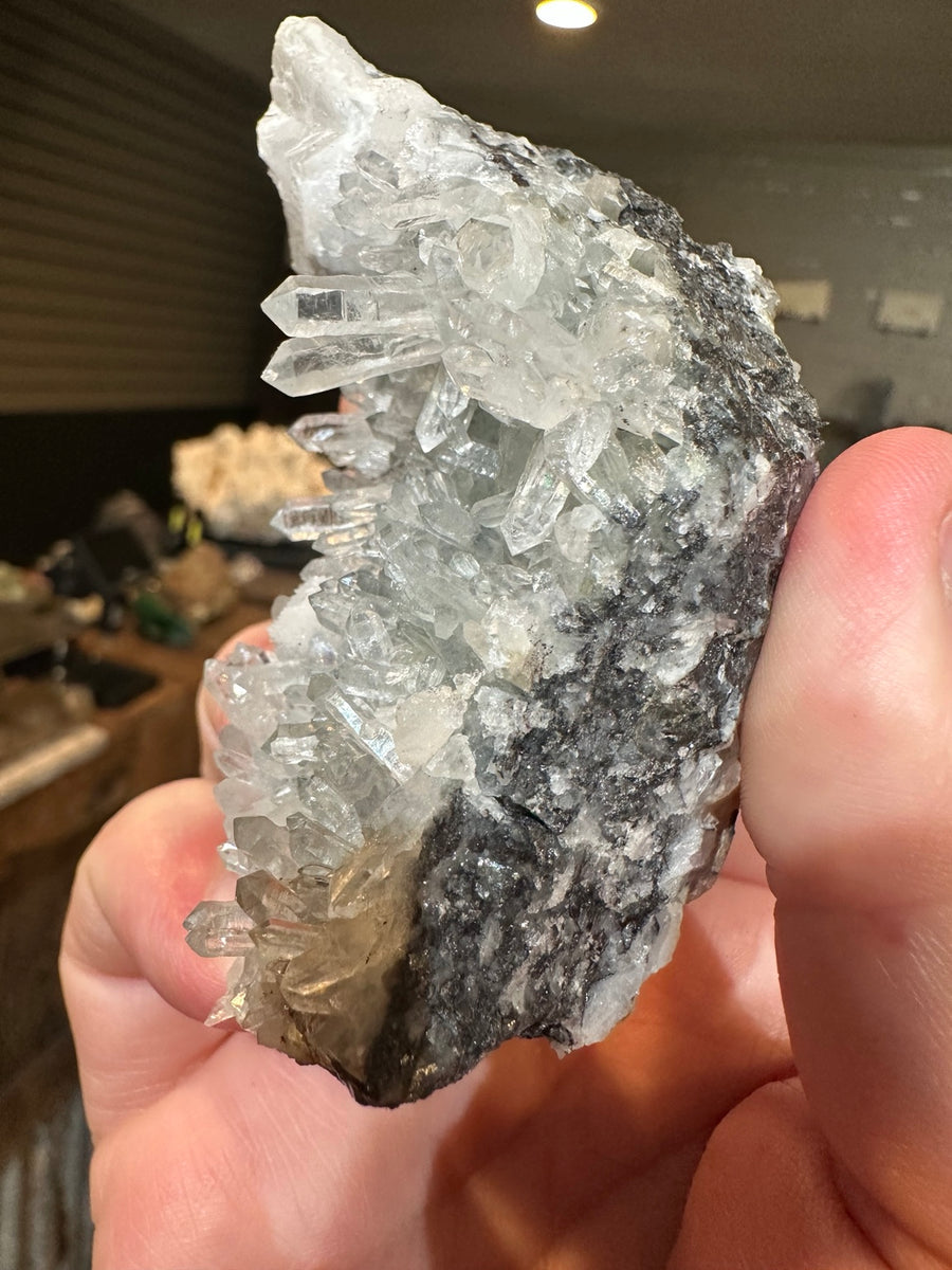 Clear quartz crystal cluster on dark matrix 6.7 oz Mexico Western US front view