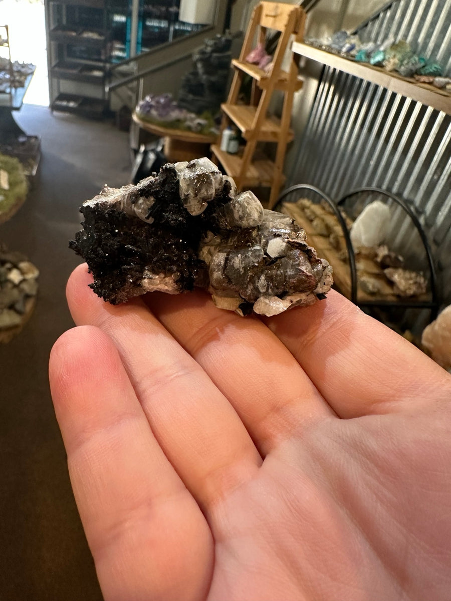 Nevada black crystal mineral cluster on light crystalline matrix, 2.2 oz, photo 1