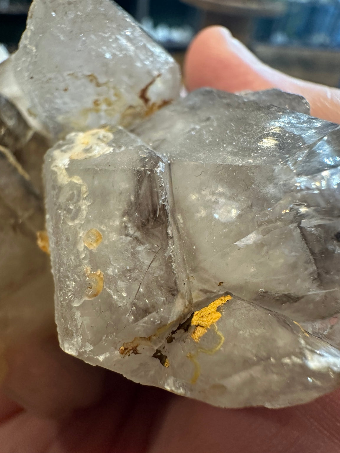 Angled view of quartz cluster with iron staining