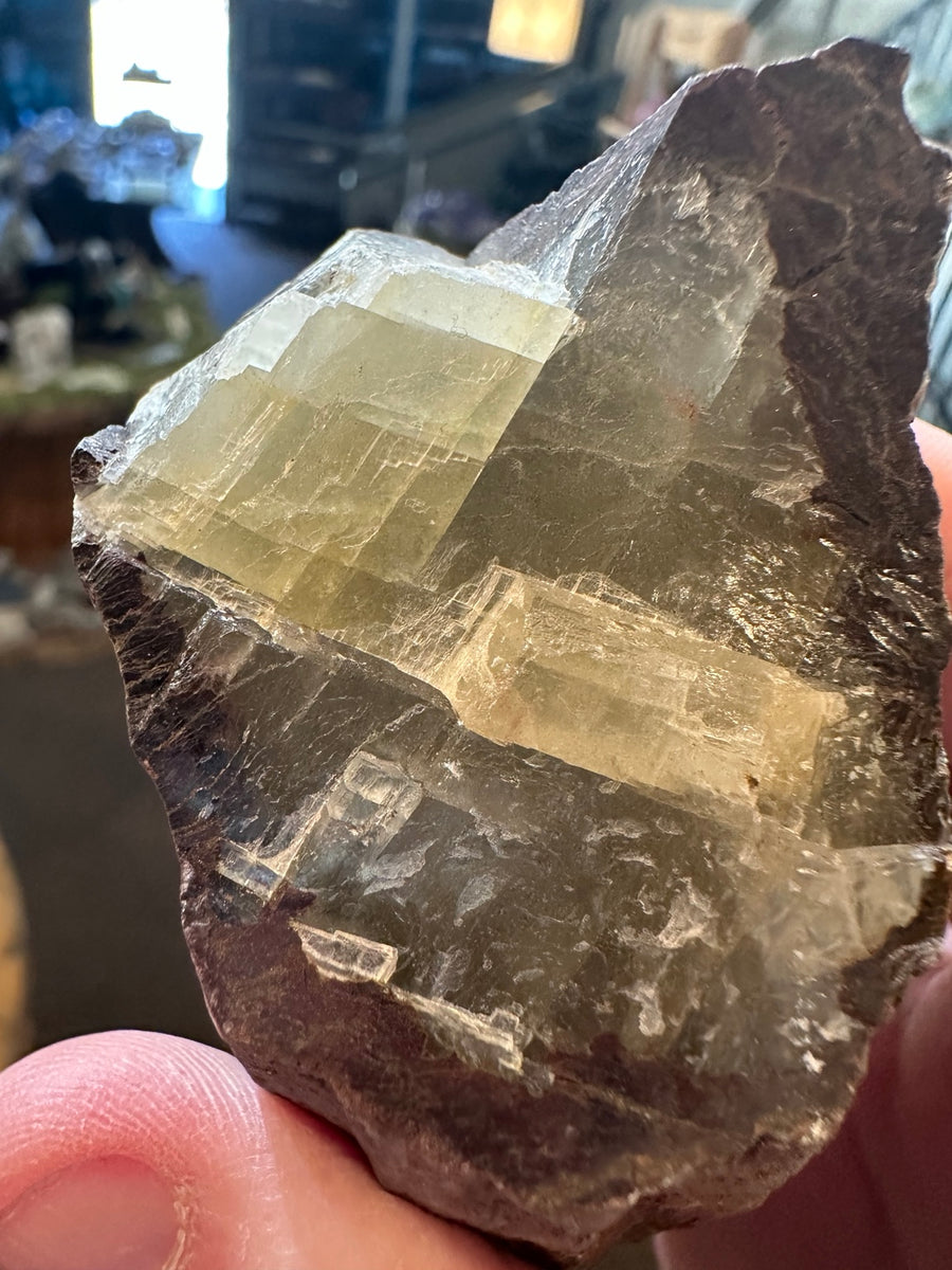 13.3 oz translucent honey-gray crystal in brown matrix, actual specimen view 1
