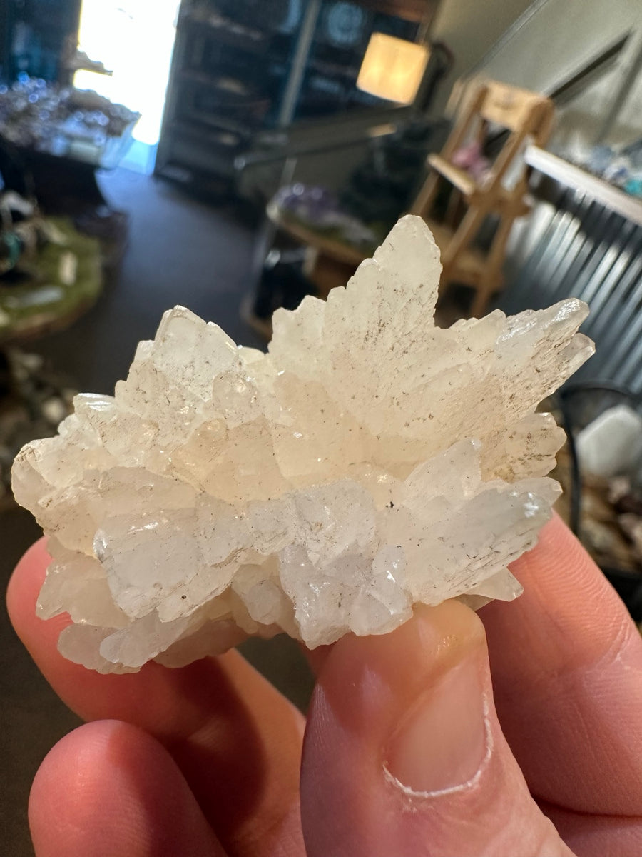 Nevada dogtooth calcite radiating white crystal flower cluster, actual view 1