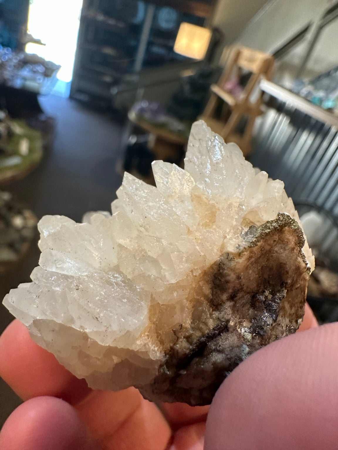 Nevada dogtooth calcite radiating white crystal flower cluster, actual view 2