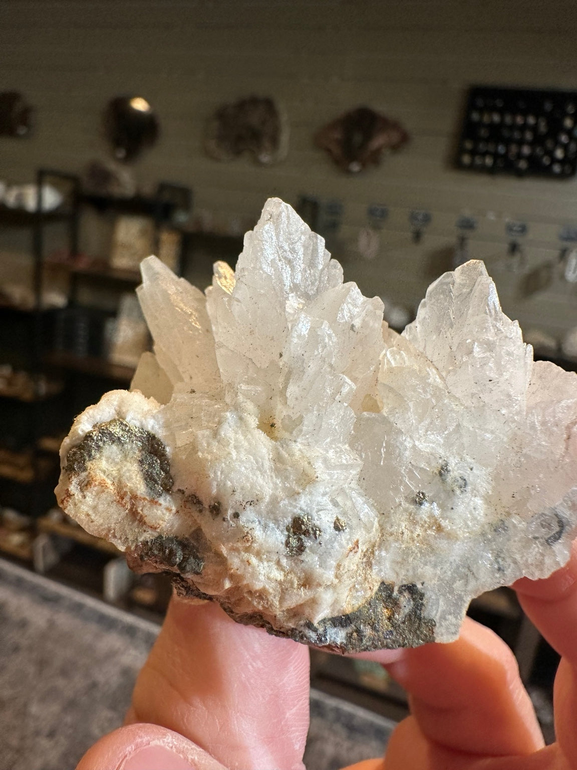 Nevada dogtooth calcite radiating white crystal flower cluster, actual view 7