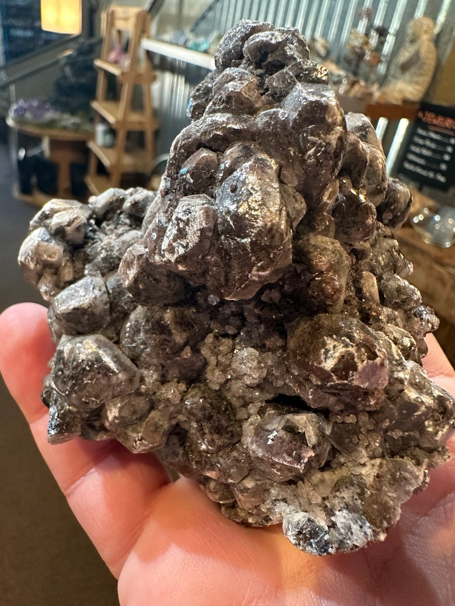Huanggang Mine dark crystal cluster identified as fluorite, 16.6 oz, view 1