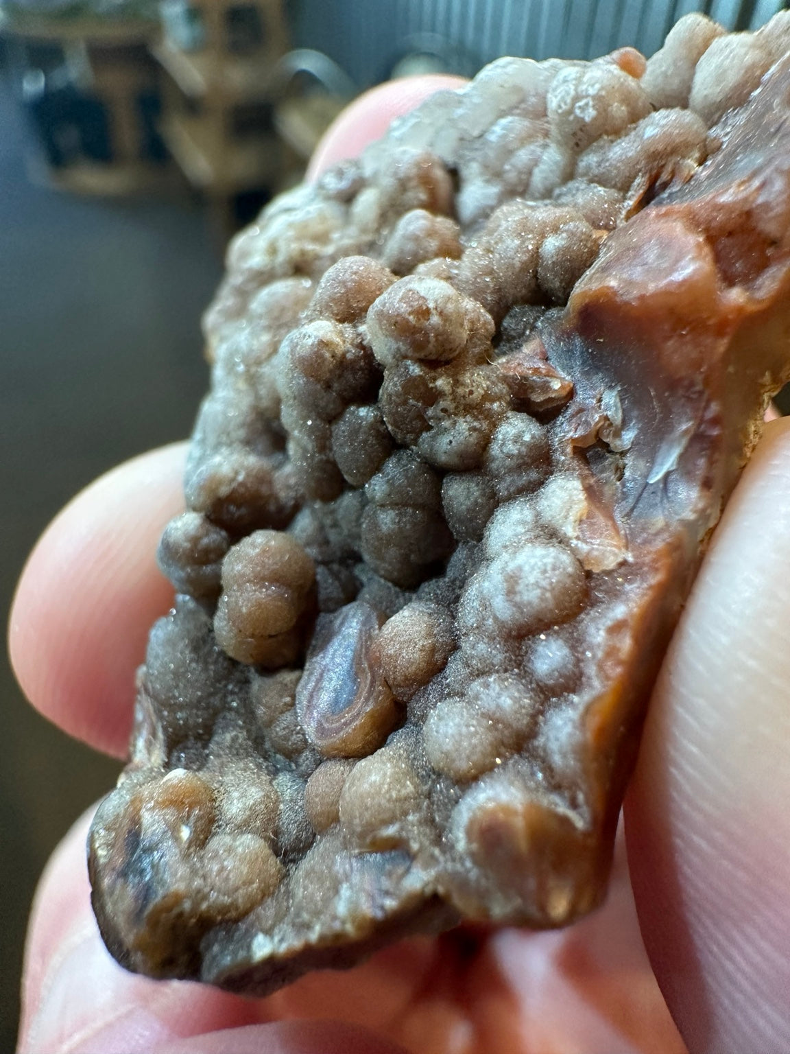 Botryoidal chalcedony with druzy quartz from Lavic area, California; actual specimen angle 2