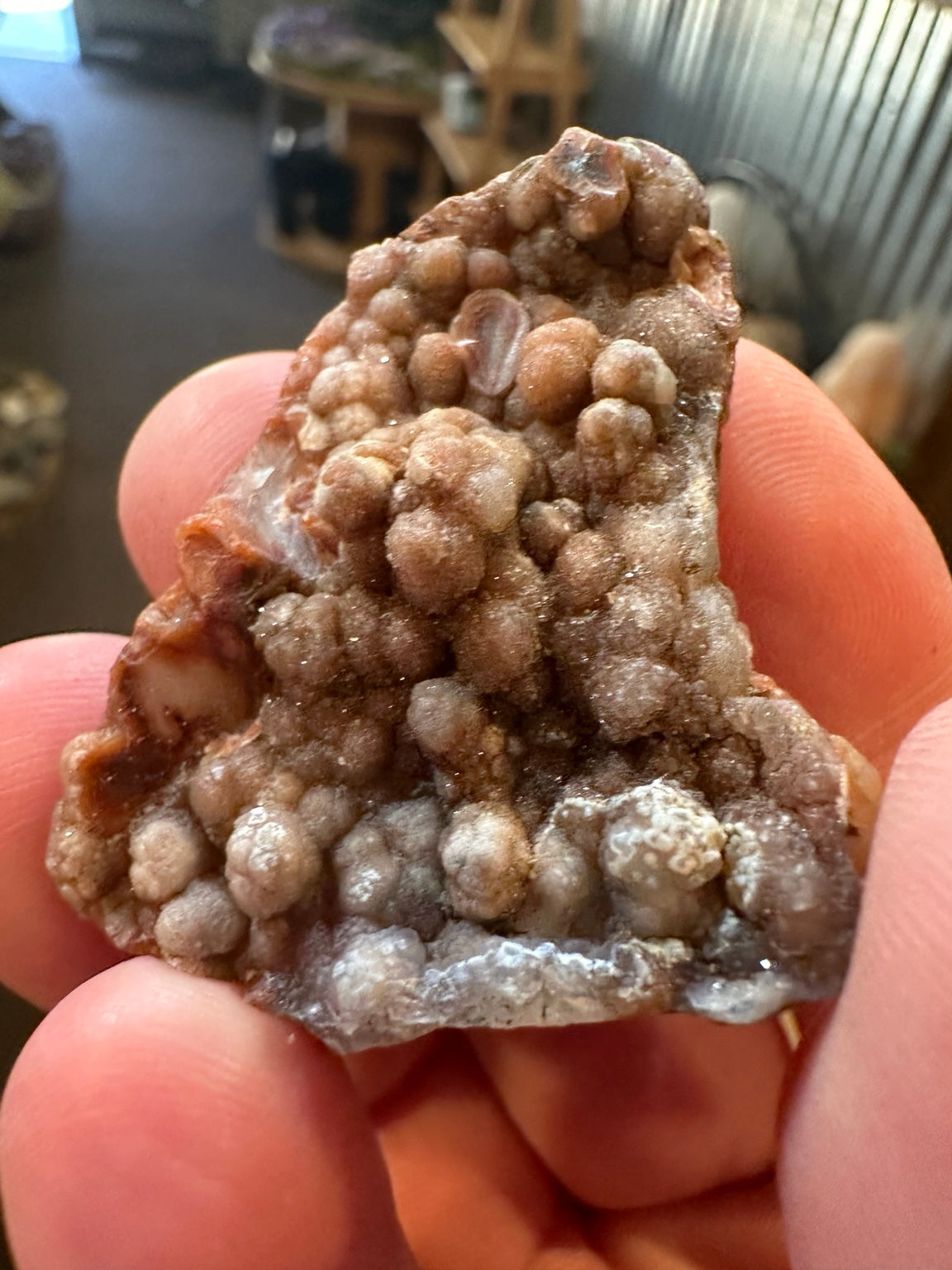 Botryoidal chalcedony with druzy quartz from Lavic area, California; actual specimen angle 5