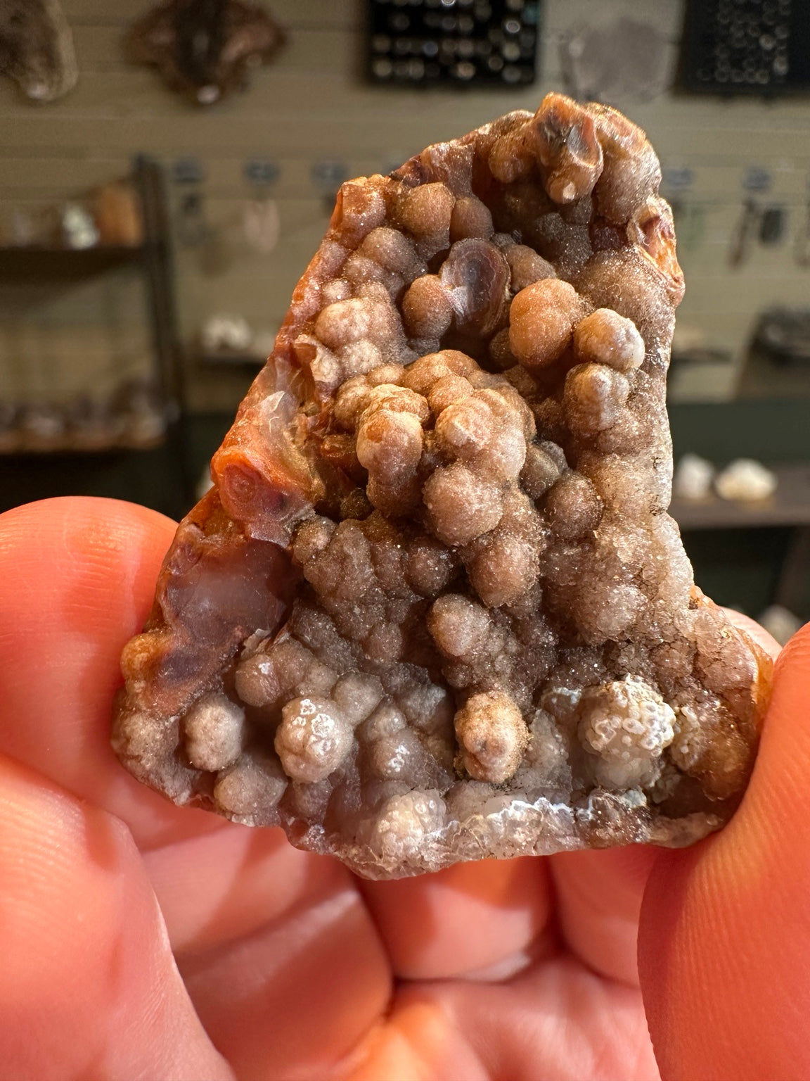 Botryoidal chalcedony with druzy quartz from Lavic area, California; actual specimen angle 6