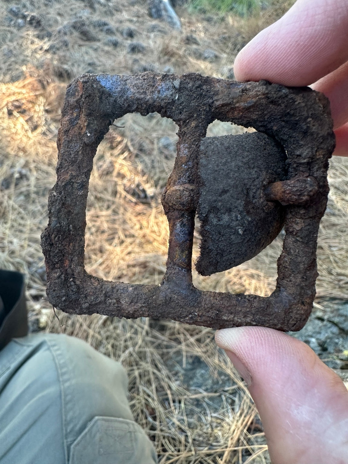Possible historic iron wagon harness buckle from Bear Valley California, as-found front view