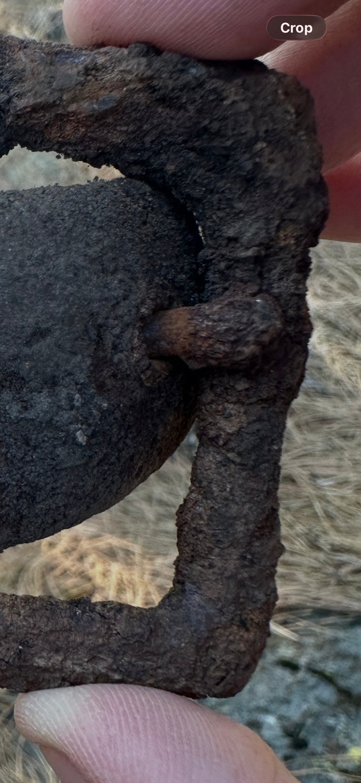 Macro detail of right-hand connection and heavily corroded iron frame of Bear Valley artifact