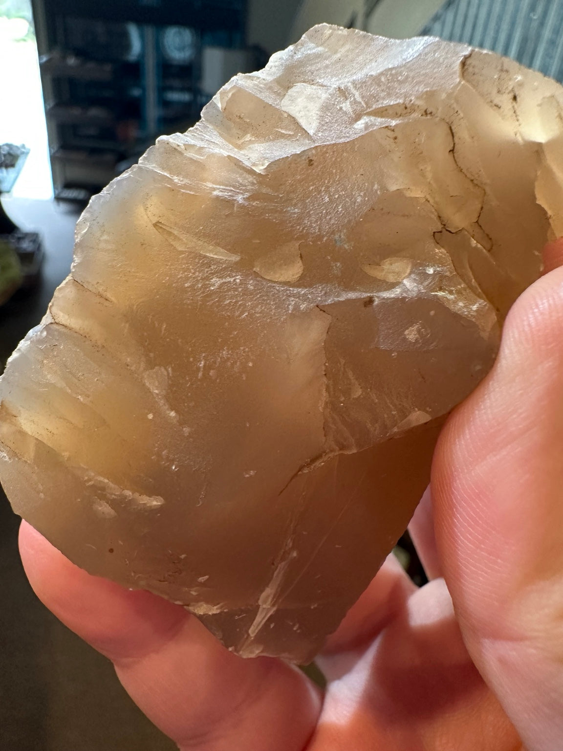 Natural African lavender chalcedony rough 5.6 ounces showing translucent pale purple silica, view 3