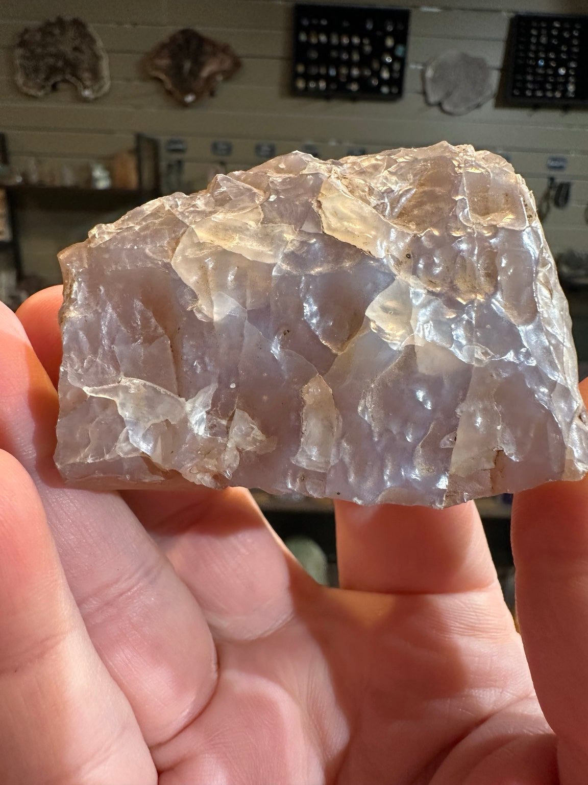 Natural African lavender chalcedony rough 5.6 ounces showing translucent pale purple silica, view 4