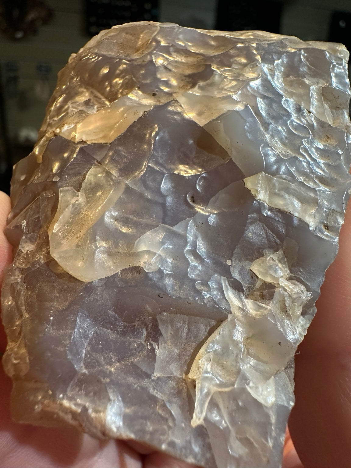 Natural African lavender chalcedony rough 5.6 ounces showing translucent pale purple silica, view 5