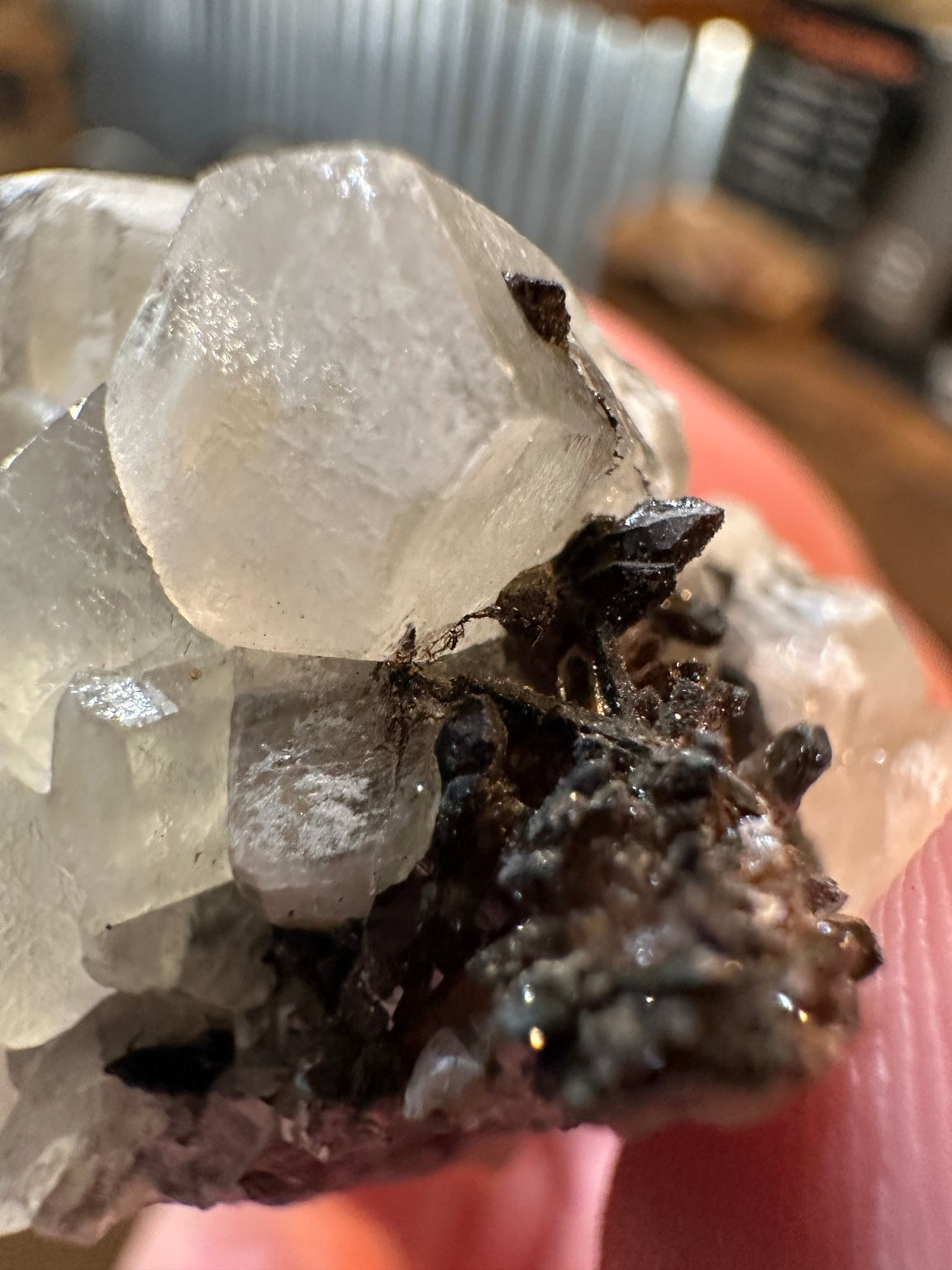 White barite crystal cluster on dark iron-oxide-rich matrix from the Western U.S. — view 5