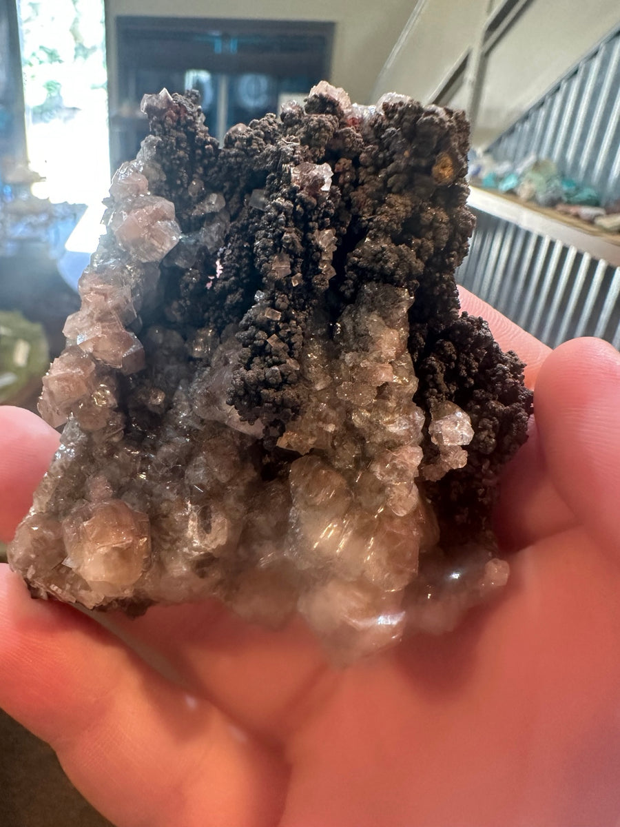Cubic fluorite on botryoidal iron oxide from Boulder Hill Mine area, Nevada — view 1 of 5