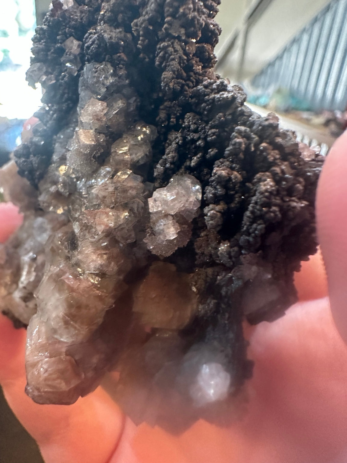 Cubic fluorite on botryoidal iron oxide from Boulder Hill Mine area, Nevada — view 3 of 5