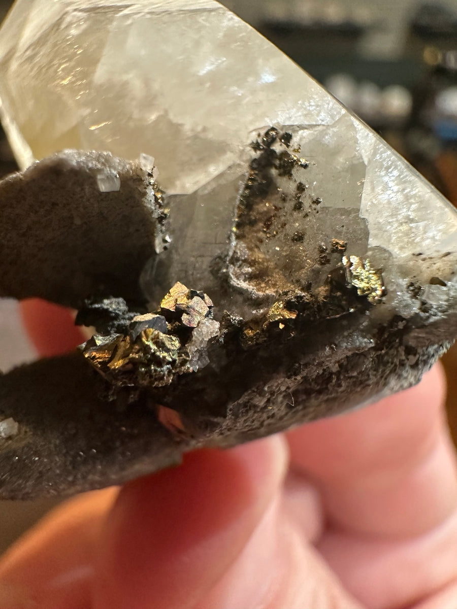 Brazil calcite with chalcopyrite and pyrite specimen, 1.1 oz, view 1