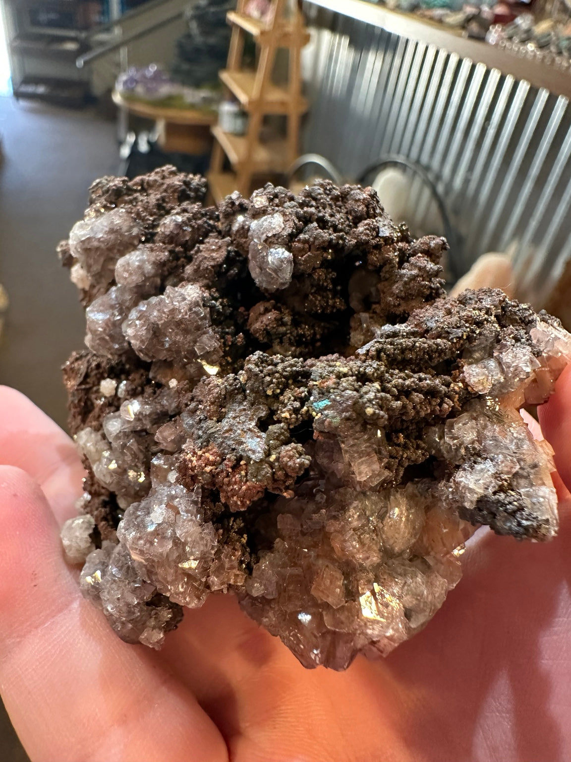 Calcite on botryoidal goethite mineral specimen from Mexico, front display view