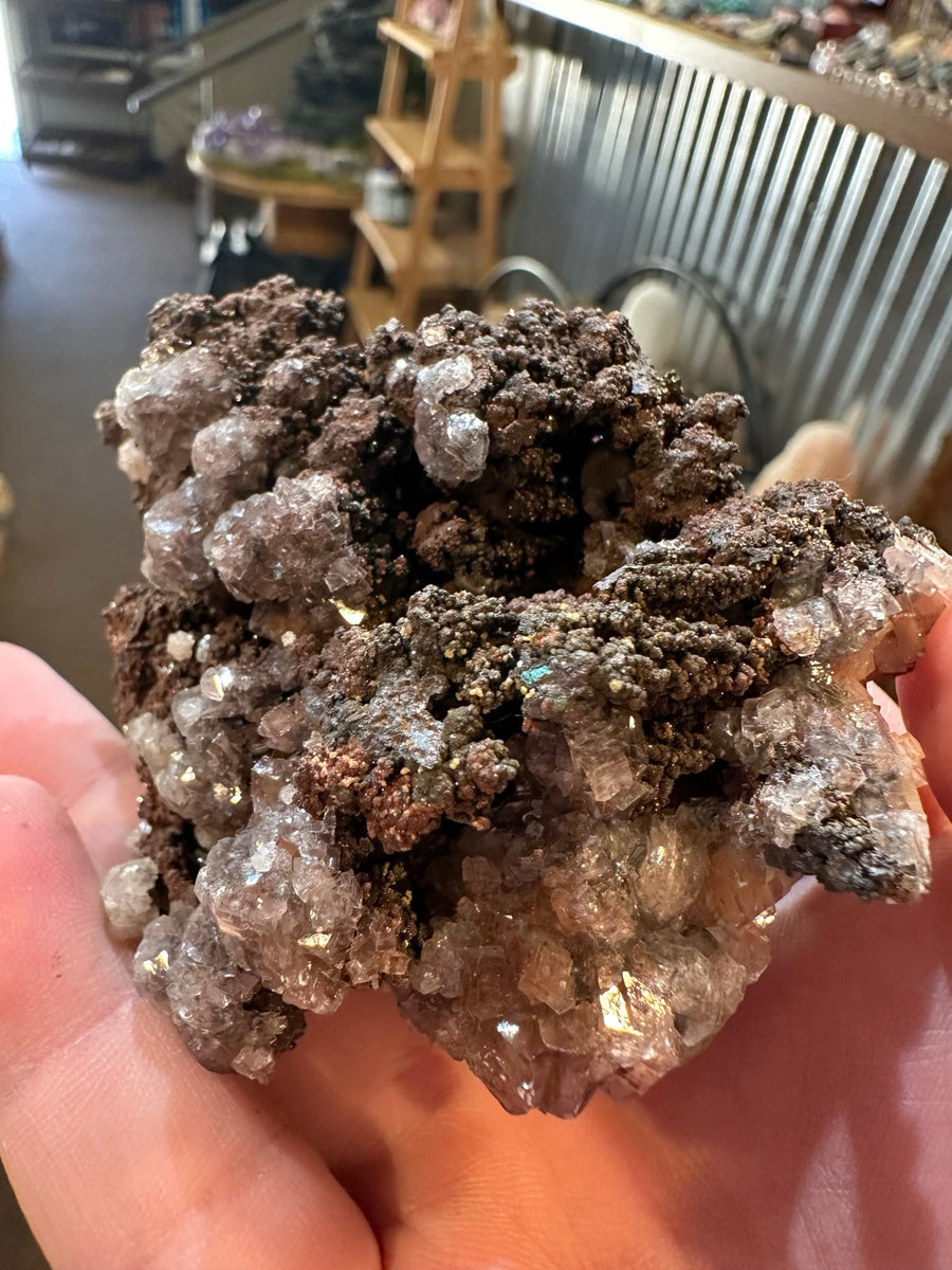 Calcite on botryoidal goethite mineral specimen from Mexico, front display view