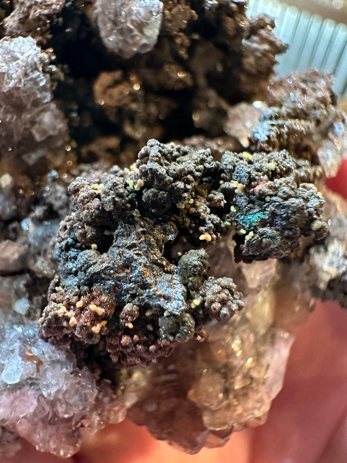 Botryoidal goethite and calcite detail from Mexican mineral specimen